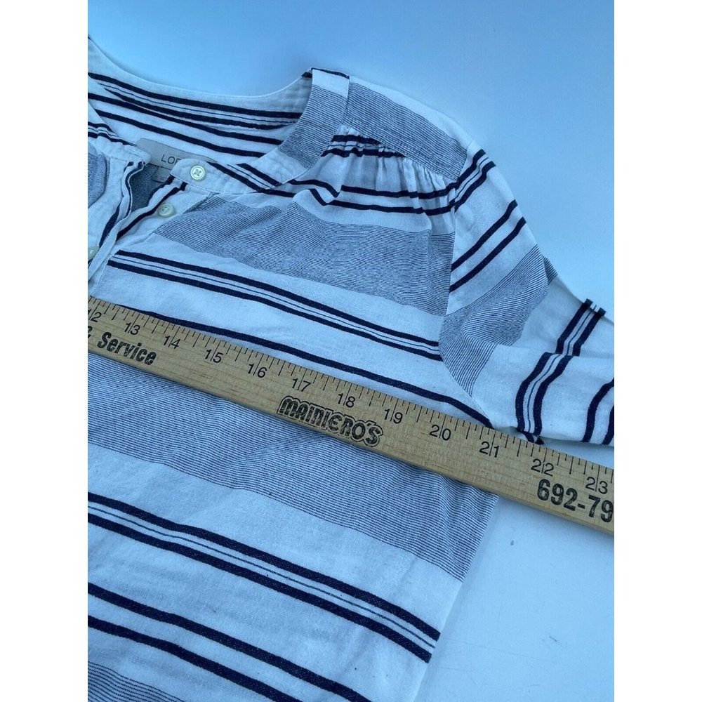 Ann Taylor LOFT Women's White Blue Striped Button Casual Peasant Top Medium Boho - Picture 6 of 8